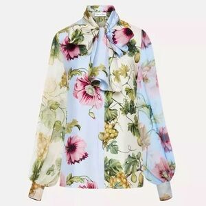 OSCAR DE LA RENTA Poppy Print Long Sleeve Tie Neck Floral Multicolor Blouse